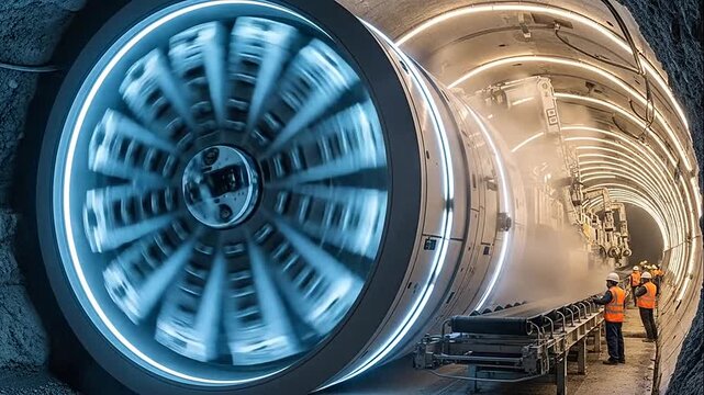 Powerful Tunnel Boring Machine with glowing cutting head working on underground infrastructure project, construction workers monitoring progress in brightly lit tunnel.
