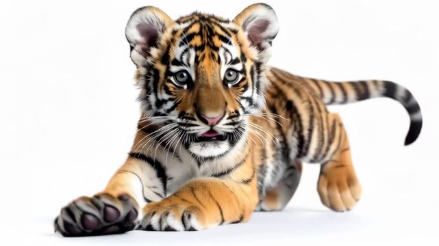 Adorable tiger cub with striking orange and black stripes playfully reaching forward