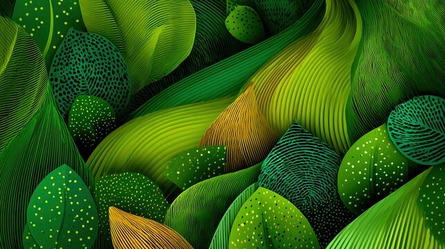 Lush Botanical Abstraction: A captivating, artistically rendered tableau of verdant leaves, showcasing the intricate textures and diverse shades of nature's greenery. 