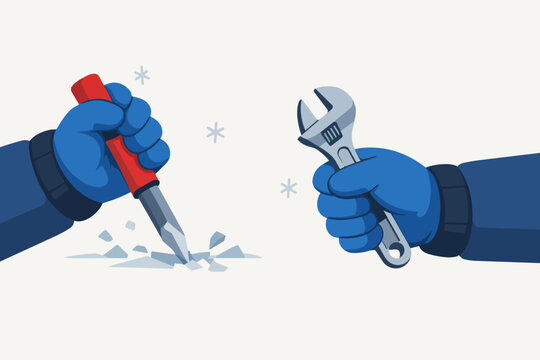 Gloved hands ready for winter maintenance, breaking ice with chisel and holding wrench