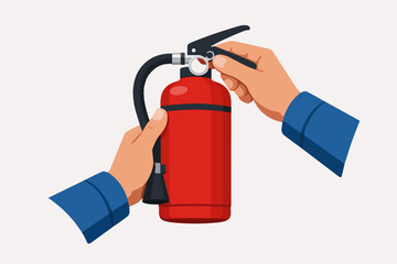 Naklejka premium Hands holding fire extinguisher, pulling pin for emergency fire safety and protection