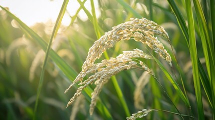 Golden Rice Grains in Lush Green Field Sunlit Agriculture Scene.