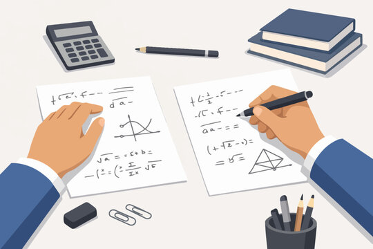 Student hands writing mathematical formulas and equations on desk studying science