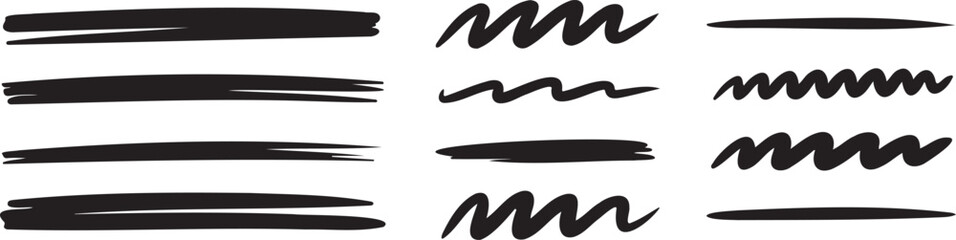 Obraz premium hand drawn underline and stroke set black, marker line scribble symbols collection, sketch highlight graphic elements pack