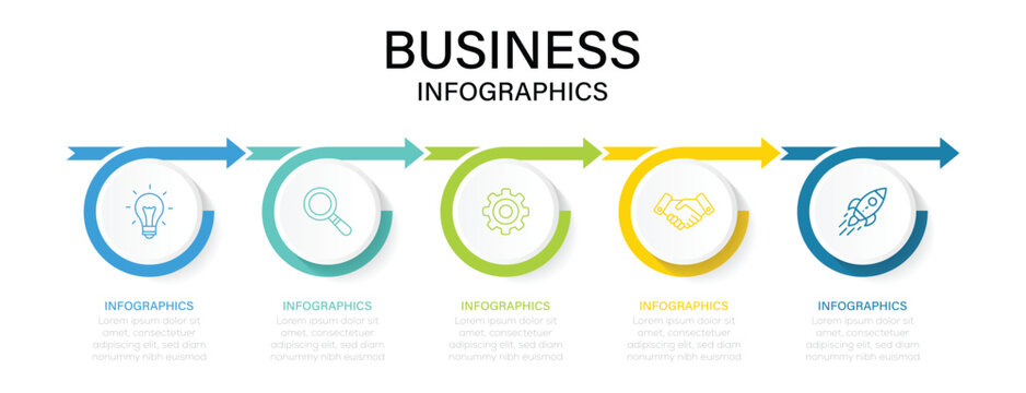 Business info graphics. Business concept with 5 steps or options. Timeline with 5 options, steps or processes. Creative design with marketing icons.