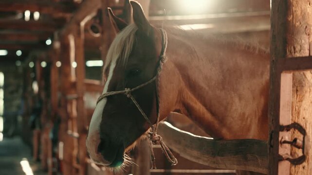 Close-up portrait of a horse standing inside a wooden stable. Detailed view of the animal&rsquo;s eyes, mane, and facial features in soft natural or barn light.