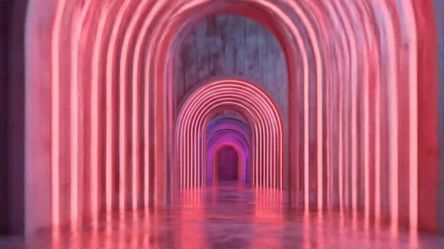 Abstract arched hallway with neon lights and reflective floor