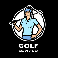 Golf center logo. Girl with a golf club on dark background.