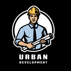 Urban construction logo. A man in a hard hat holding blueprints on dark background.