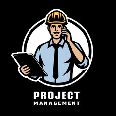 Project manager logo. A man in a hard hat talking on the phone on dark background.