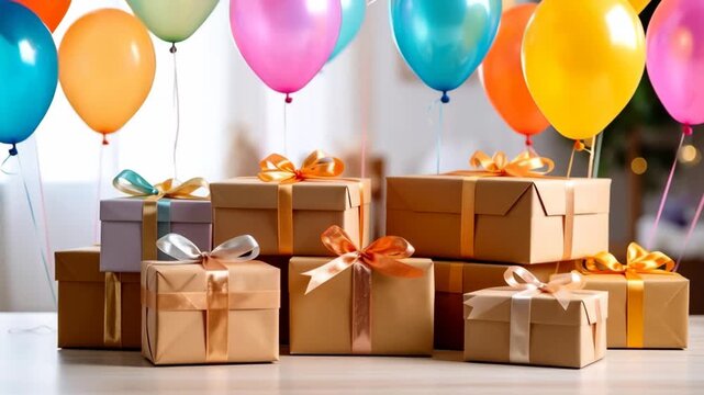 Colorful balloons float above a stack of festive gift boxes tied with ribbons