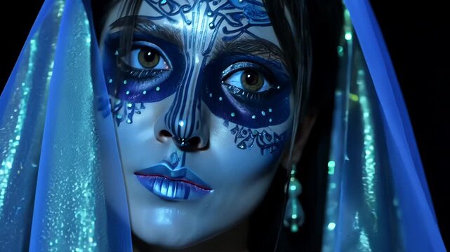 Face Painting Blue Makeup for Cultural Celebration: Intricate Designs and Ethnic Beauty | Vibrant Colors in Festive Attire for Artistic Portrait Photography 