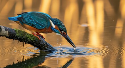 Brilliant blue and orange bird dips beak into sunlit water from moss covered branch