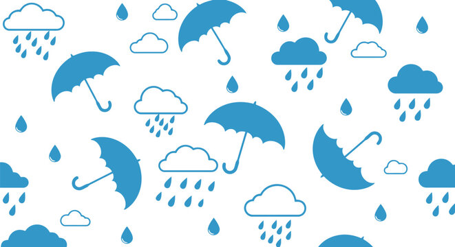Rainy weather umbrella and cloud seamless pattern vector clipart in blue and white