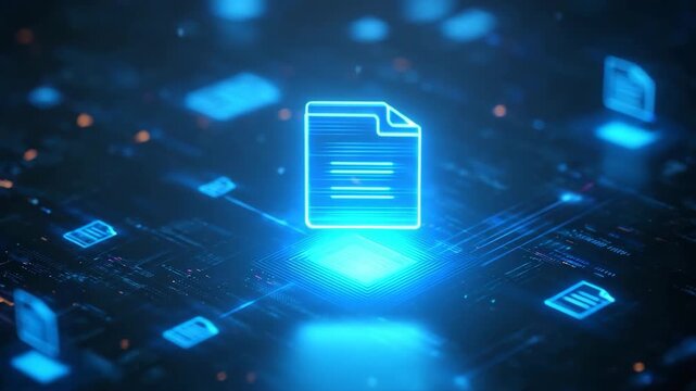 Glowing blue document icon on a dark circuit board background with technology elements