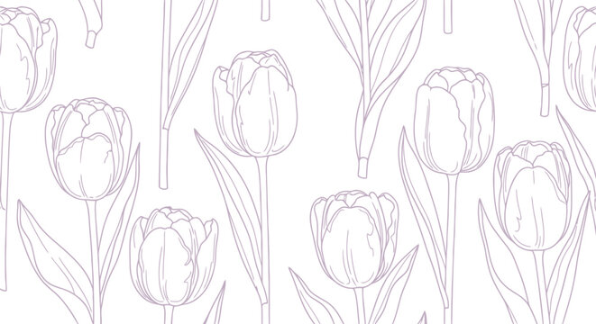 Seamless tulip flower pattern vector clipart in minimal line art style for spring backgrounds