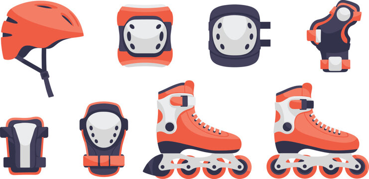 Inline Skating Safety Gear Vector Set with Helmet, Knee Pads, Wrist Guards, and Roller Skates for Sports, Fitness, and Protection Designs.