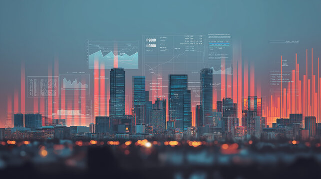 Real estate fintech platform concept, city skyline blended with UI dashboards, data-driven property investment, modern corporate illustration