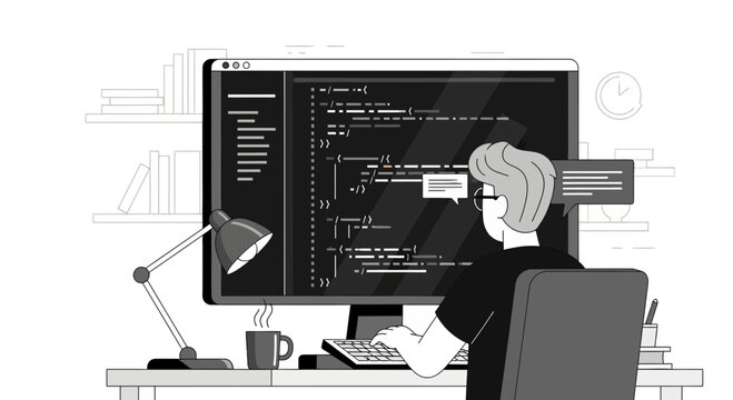 Programmer working on computer coding and developing software.