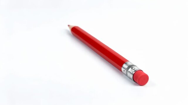Bright red sharpened pencil with eraser and metal ferrule on a white background
