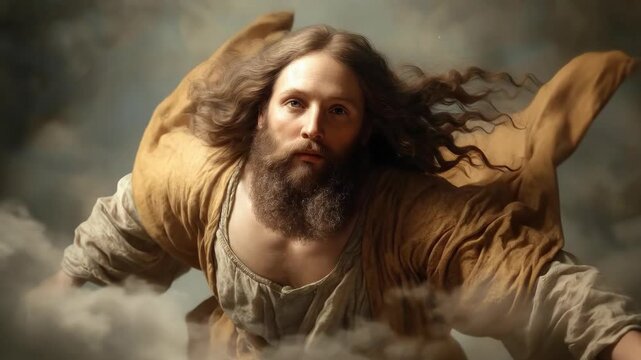 Jesus Christ, God, divine savior ascending through ethereal clouds, spiritual journey of faith, sacred belief, heavenly light, eternal hope, religious concept