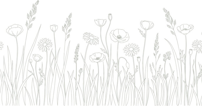 Wildflower meadow border vector clipart, hand drawn floral outline, botanical illustration