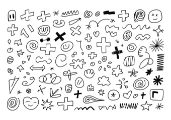 Naklejka premium Vector illustration of numerous random hand-drawn doodles scattered across white background