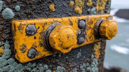 Weathered Yellow Metal Fixture with Bolts and Lichen Growth CloseUp.