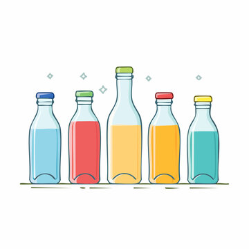 Minimalist vector illustration of five assorted bottles containing colorful liquids, presented in a clean, flat design with subtle sparkles and thin outlines