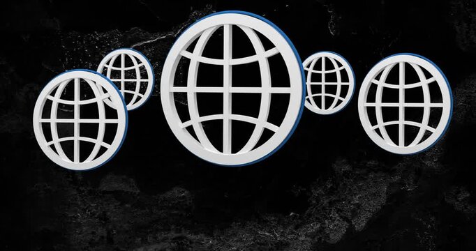 On start distant globes moving forward central globe scaling back, side globes pulsing into row