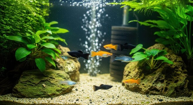 Freshwater aquarium ecosystem displays diverse livebearers swimming among vibrant aquatic plants and decorative stones
