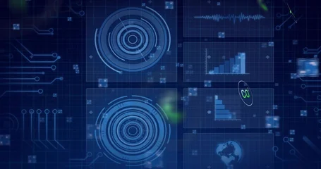 Fotobehang Buffet Displaying concentric HUD radar graphics pulsing at center on blue grid dashboard, with bar charts  © vectorfusionart