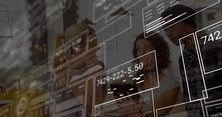 Collaborating coworkers viewing tablet in office, wearing blazer and beanie, with HUD overlays