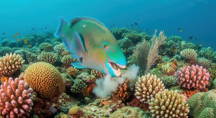 Fototapeta premium Vividly colored fish excretes cloud of white material over dense coral reef structure