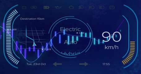 Naklejka premium Displaying futuristic HUD in vehicle cockpit, showing 90 km or h speedometer and mode selector