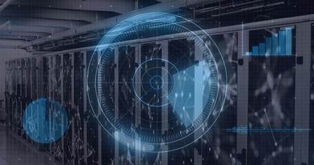Fototapeta premium Displaying server racks with circular HUD overlay in data center corridor, showing LEDs
