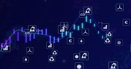 Obraz premium Displaying market energy chart on blue canvas, showing teal bars, two trend lines, icons, labels