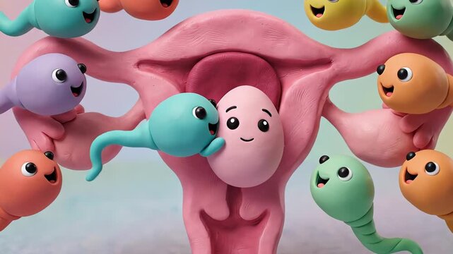 Cartoonish representation of human reproduction showing colorful sperm characters racing to fertilize a smiling egg inside the uterus, visualizing the moment of conception in a stop motion style
