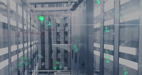 Showing metal server rack enclosures with rack-mounted servers, cabling, LED lights in data center