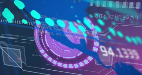 Pulsing magenta HUD rotating on data UI, showing segmented ring, cyan pulse stream, readouts