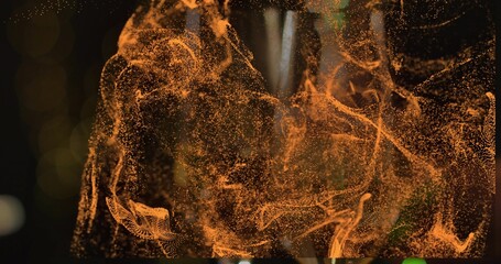 Obraz premium Swirling amber particle cloud filling dark studio, filaments, clusters, bokeh, vertical streak