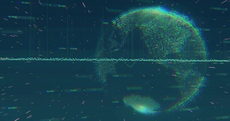 Streaming dot-cloud globe rotating on right in data space, showing waveform and numeric labels