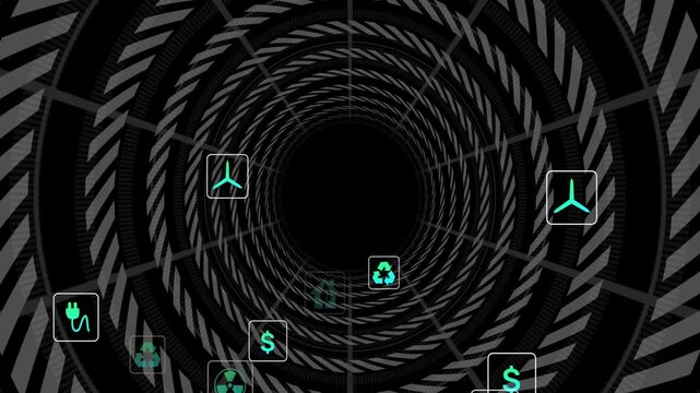Initial teal plug appearing lower-left, teal icons emerging through tunnel and forming energy group