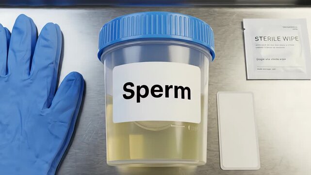 Close up view of a medical tray holding a sterile kit for sperm sample collection, including a specimen container, blue nitrile gloves, a sterile wipe, and a marker for labeling purposes