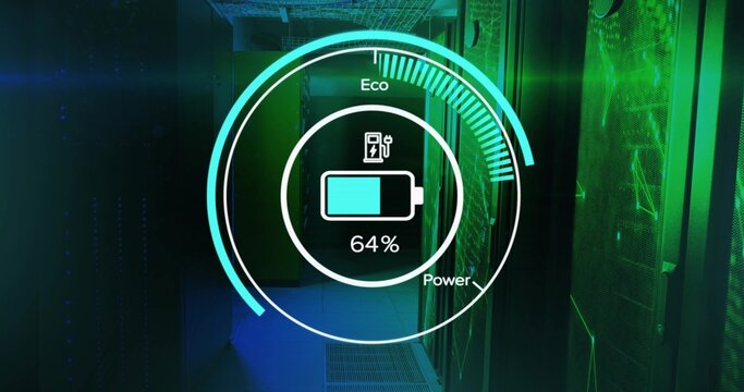 Displaying translucent HUD showing 64% battery in datacenter aisle with mesh racks and LED lights