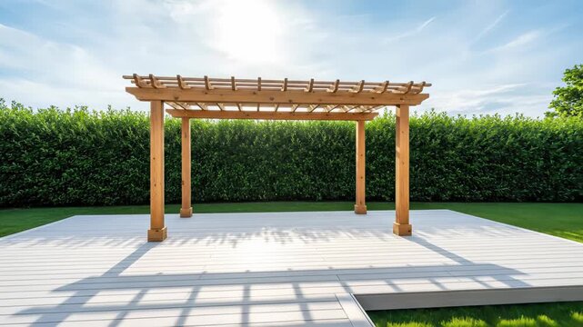 Outdoor wooden pergola on a composite deck in a beautifully landscaped backyard with green hedges, lush grass, and a bright blue sky, showing a modern and relaxing outdoor living space
