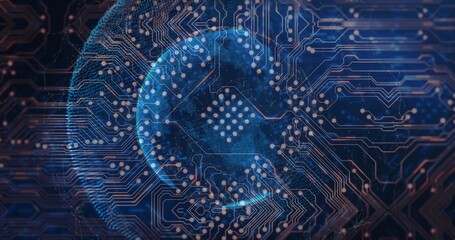 Pulsing blue data sphere glowing with dot matrix in virtual circuit scene with copper traces