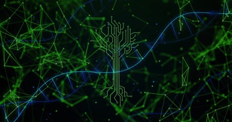 Glowing neon green circuit-board tree overlaying blue DNA helix in digital network with nodes