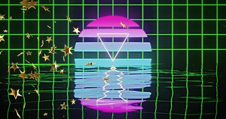 Fototapeta premium Glowing striped neon sun with inverted triangle mirroring on rippled sea on green grid, gold stars