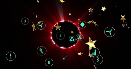 Fototapeta premium Radiating central black void with red ring in dark space, displaying teal icons and gold stars